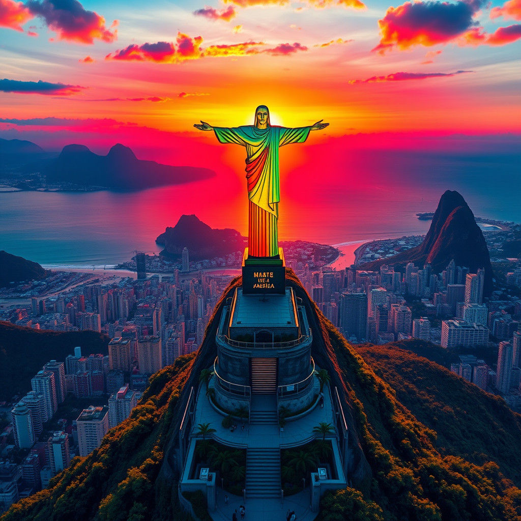 Rio Sunset: Rainbow Christ Statue in Britto Style