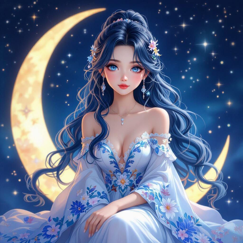 Dreamy Manga Anime Woman on the Moon