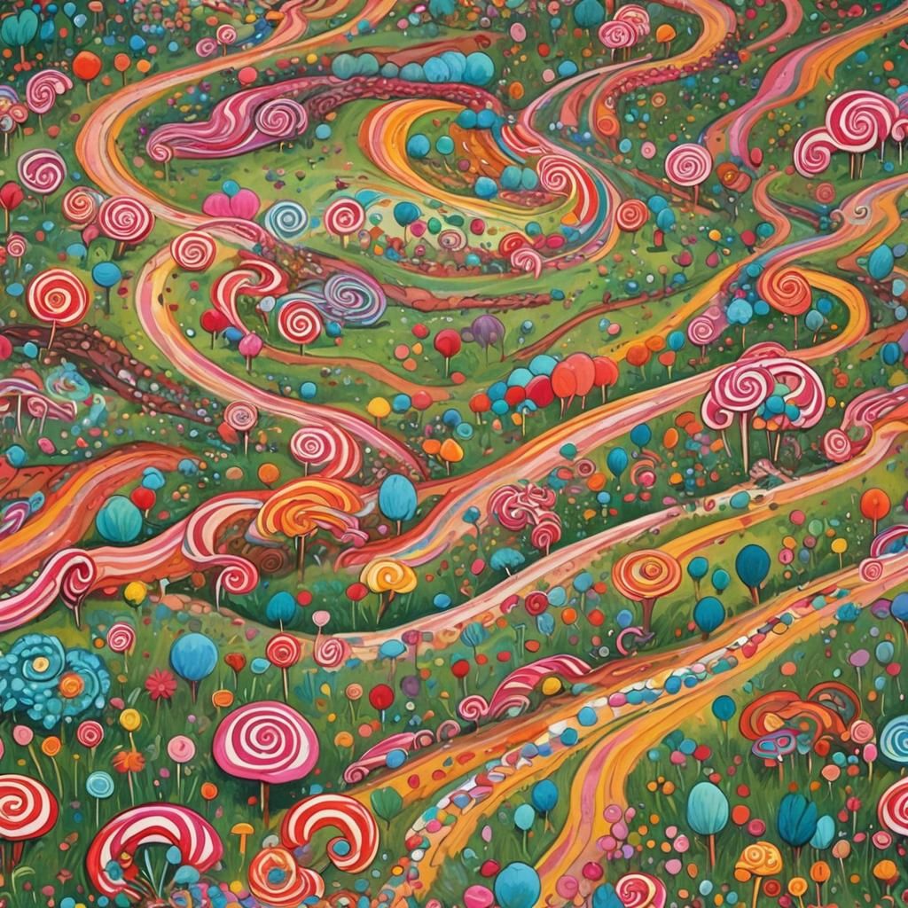 Vibrant Rural Gathering in Candyland Gouache Style