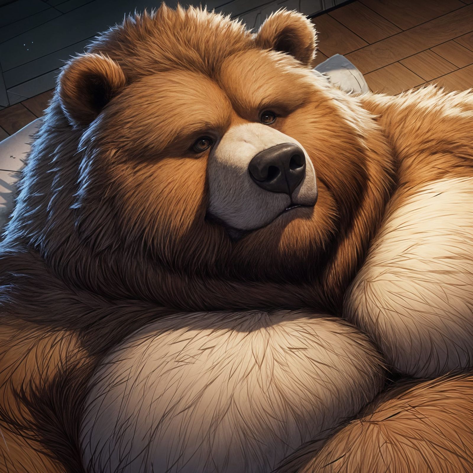 Anime-Style Kodiak Bear Portrait in Relaxation