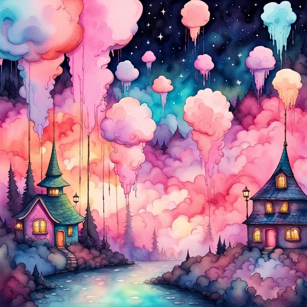 Dreamy Cotton Candy World in Watercolor Style