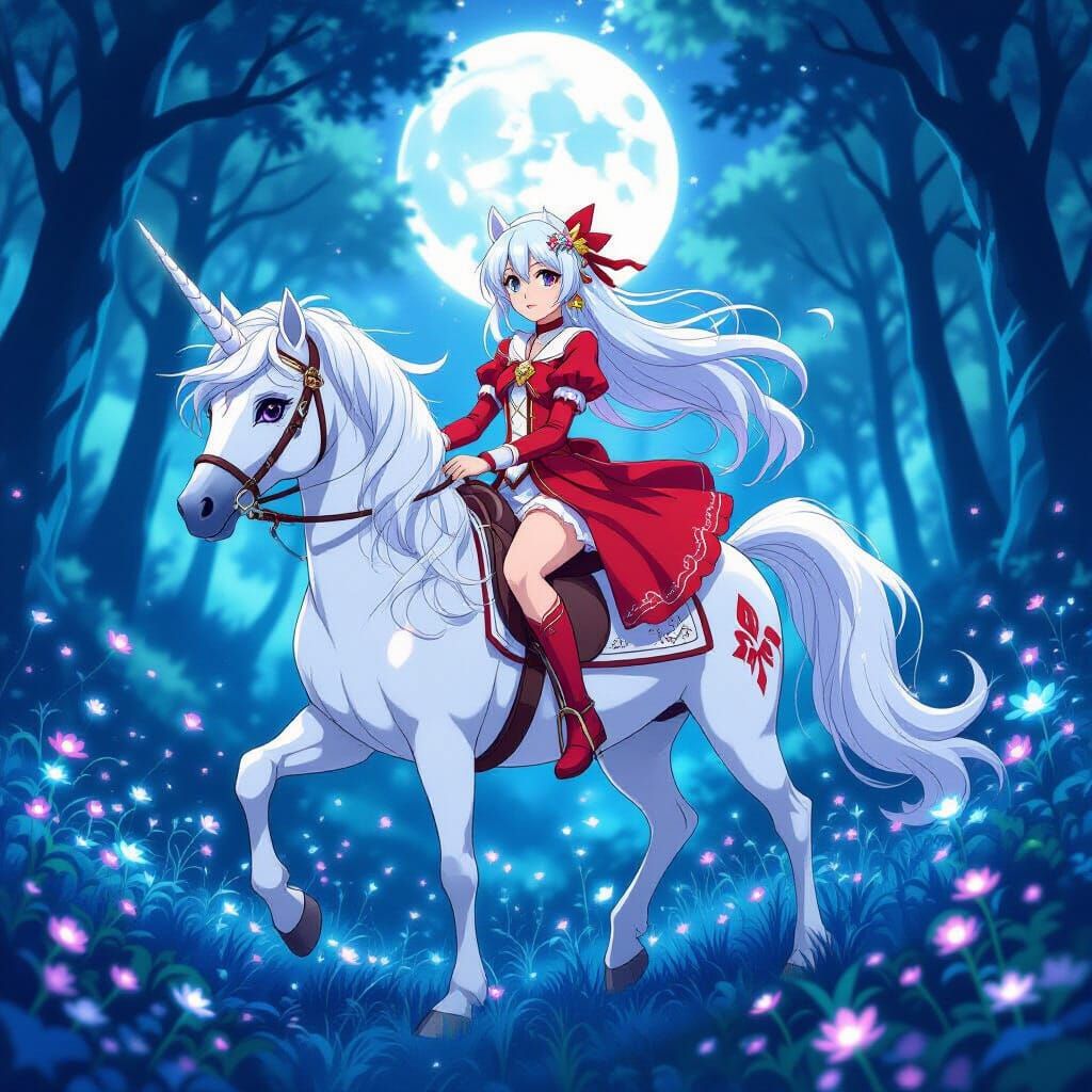 Meiko Vocaloid Rides Unicorn in Ethereal Forest