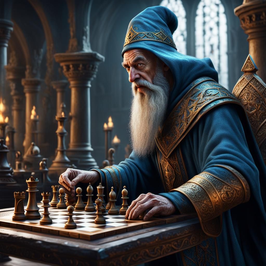 Wise Wizard Playing Chess in Detailed Digital Art
