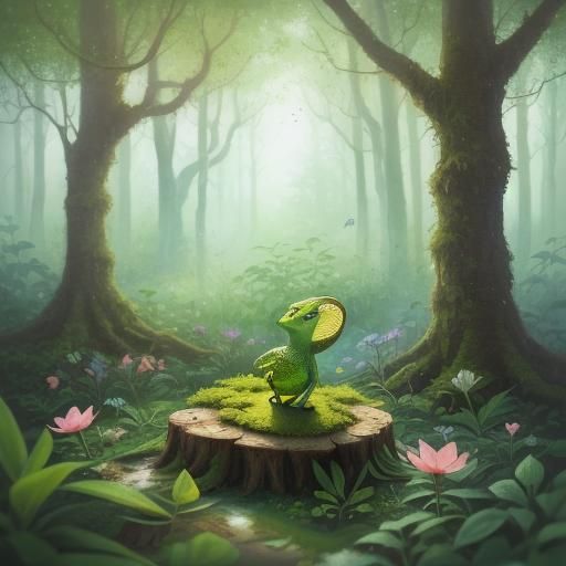 Lush Forest: Baby Lizard with Backpack Illustration