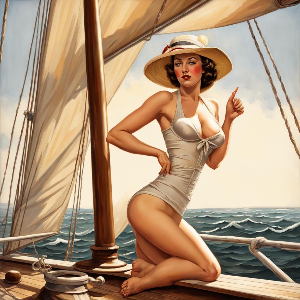 1930s Pin-Up Girl on Sailboat in Hyperrealistic Style