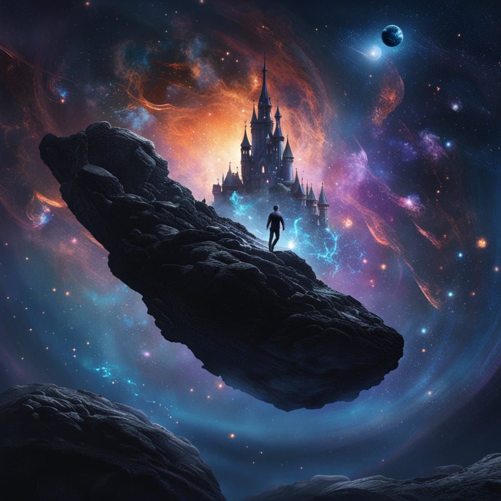 Astronaut in Epic Galaxy with Gothic Castles
