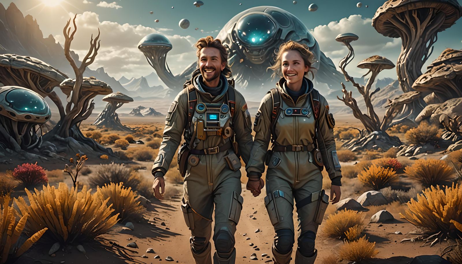 Nomadic Couple on Alien World in Hyperrealistic Style