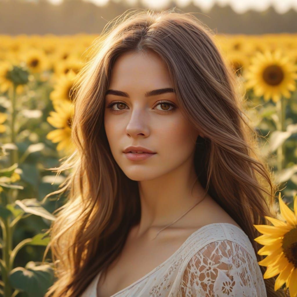 Girl in Sunflower Field: Impressionist Digital Painting