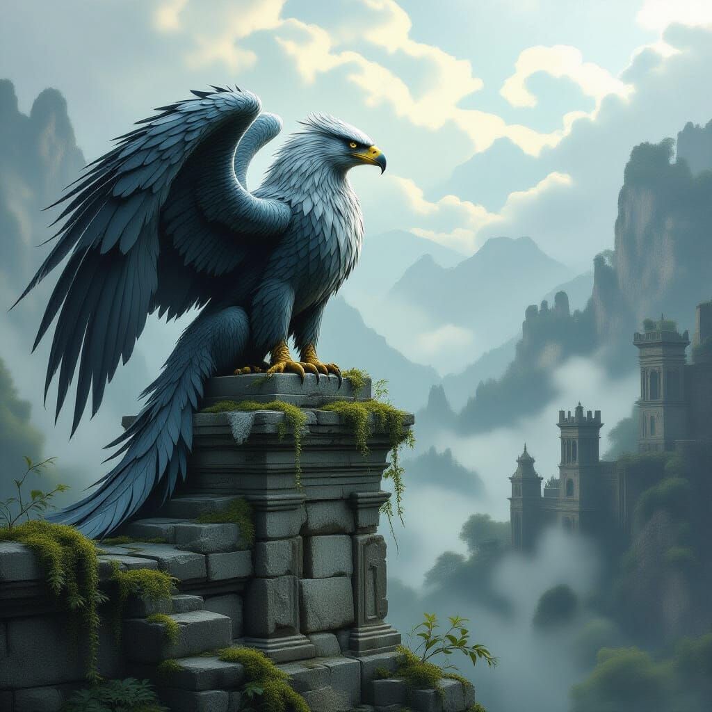 Majestic Griffin Atop Ancient Ruins in Dark Fantasy Style