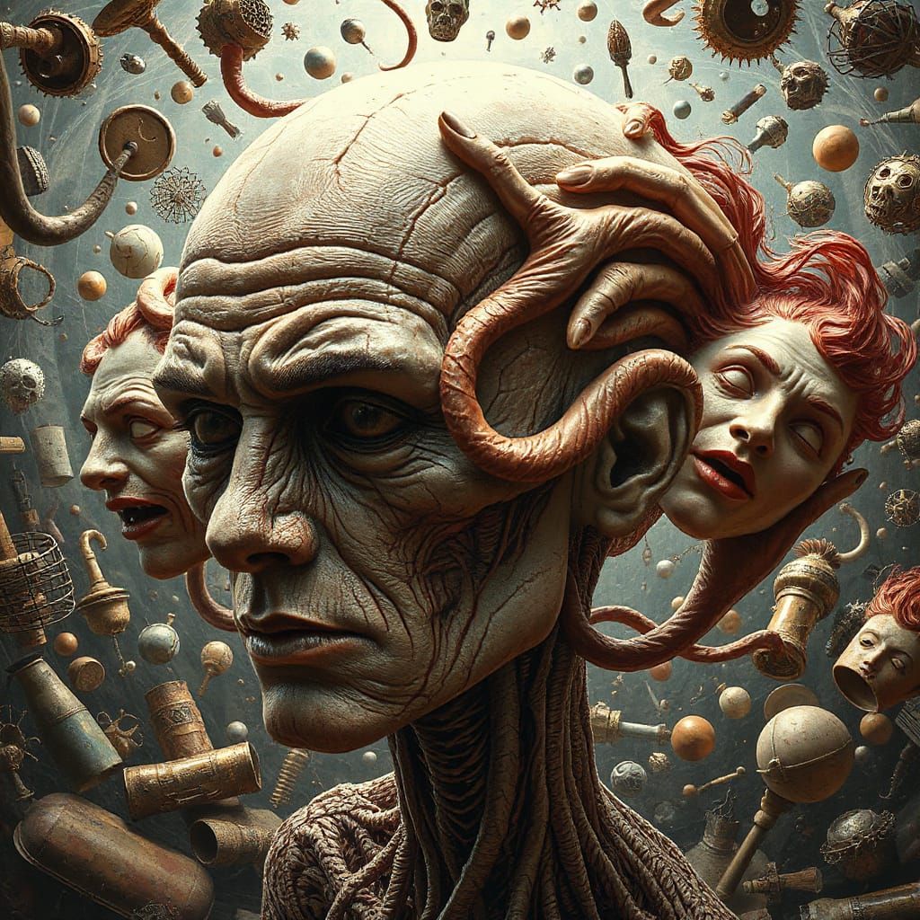 Surreal Cubed Head with Swirling Emotions, Hyperrealistic Fa...