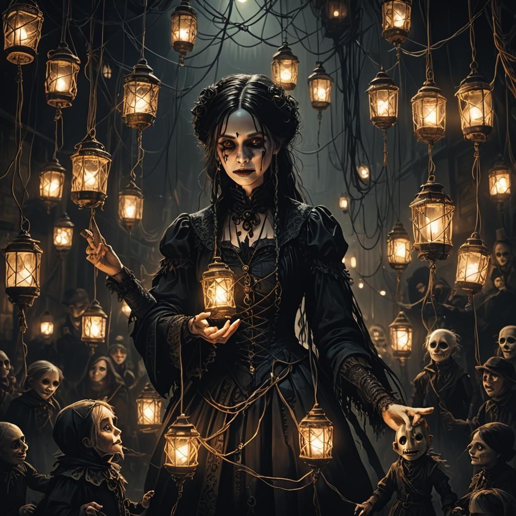Gothic Lost Soul Surrounded by Glowing Puppets