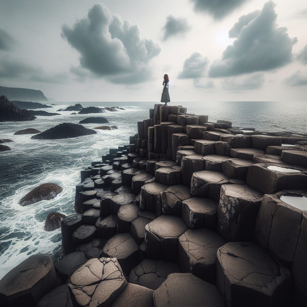 Coastal Contemplation: Woman on Hexagonal Rock Formation
