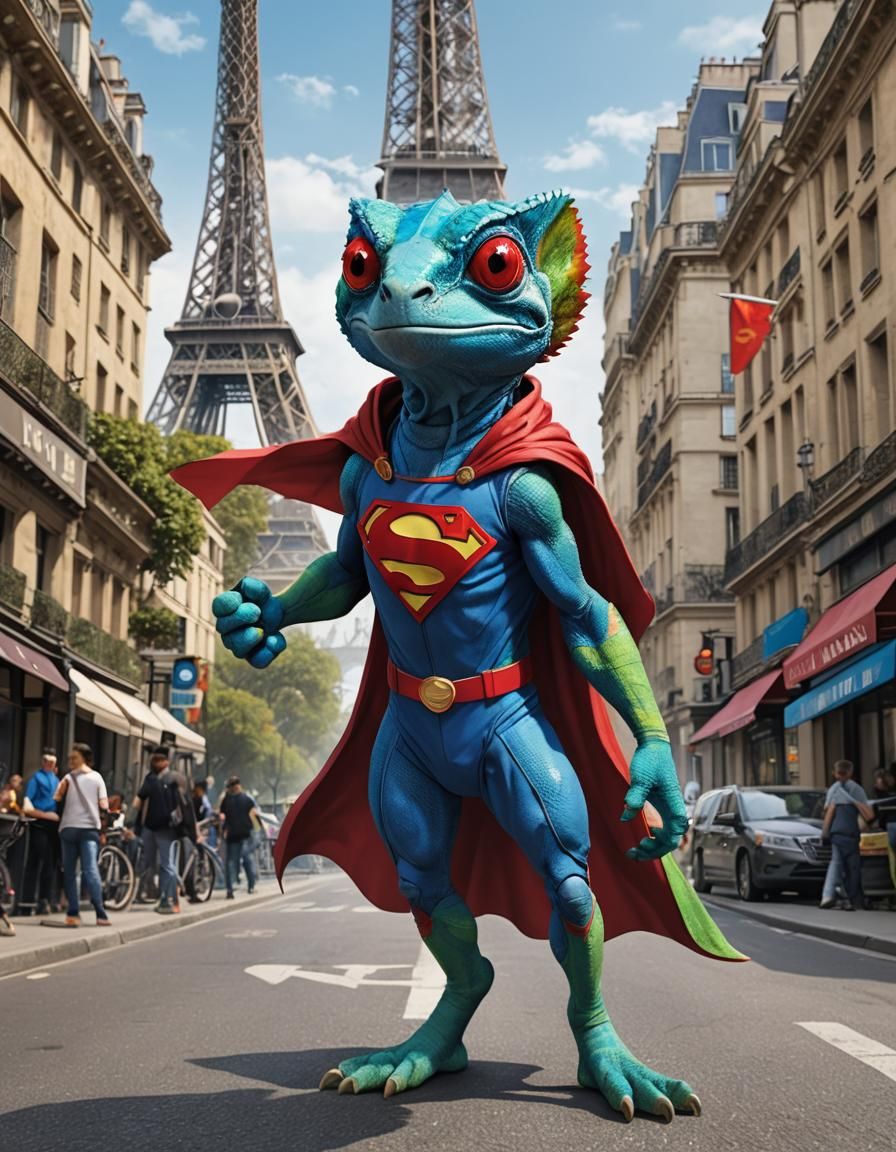Chameleon as Superman in Paris: A Digital Artwork