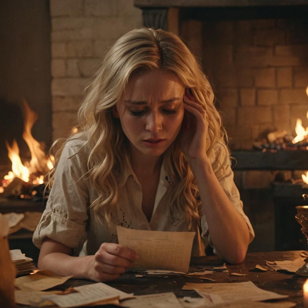 Heartbroken Woman Burns Love Letters: Photorealistic Portrai...