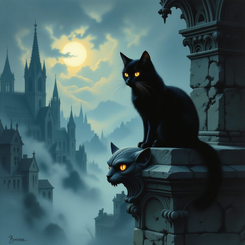 Black Cat on Gargoyle in Misty Valley