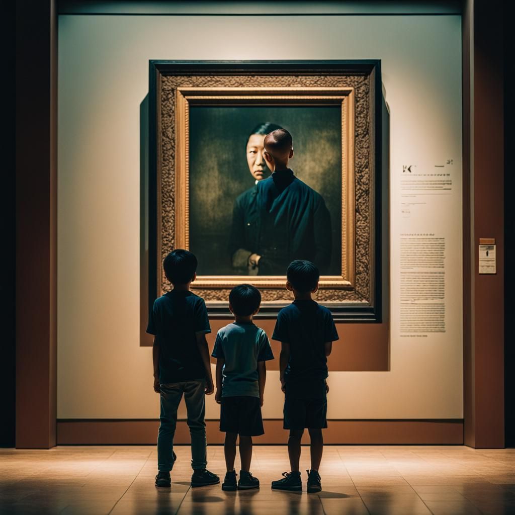 Children Admire Portrait in Museum: Cinematic Film Still