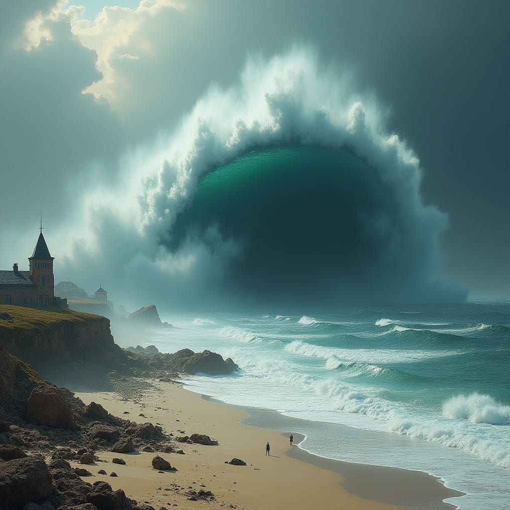 Giant Tsunami Wave Crashing Ashore in Storm