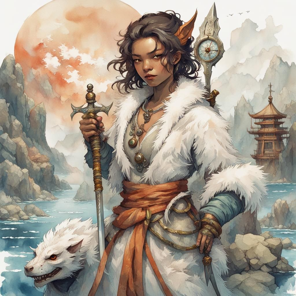 Dragonborn with Silver Sword in Watercolor Style