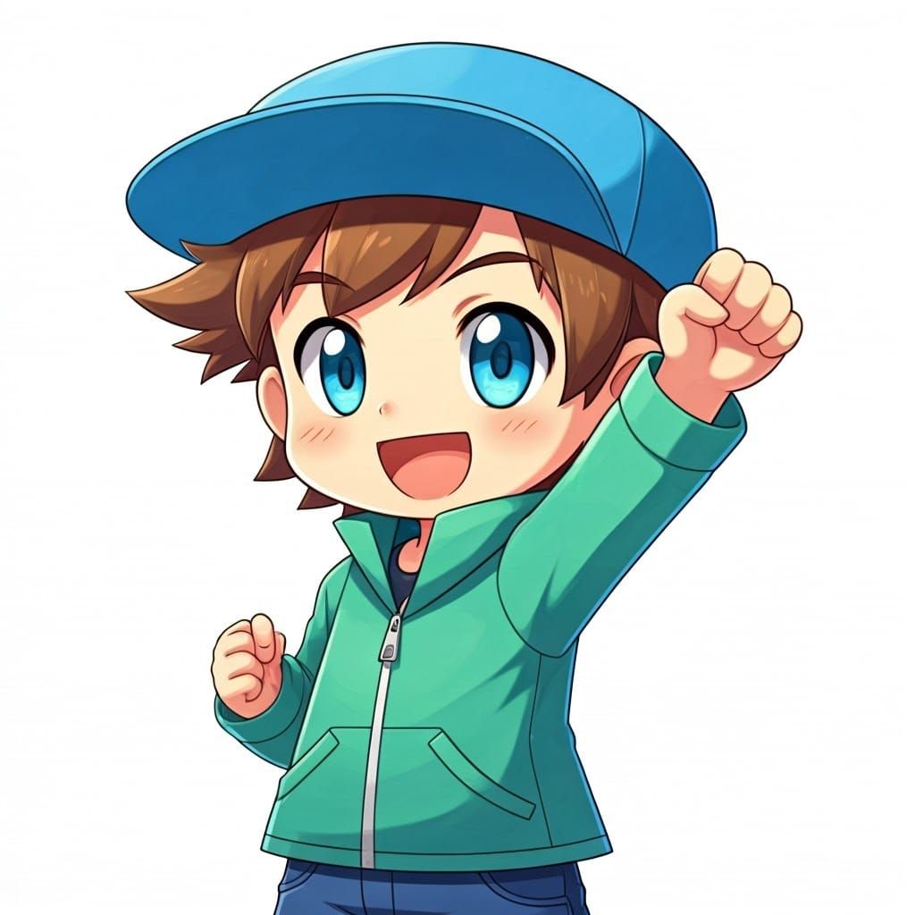 Joyful Chibi Pokémon Trainer Celebrates Triumph