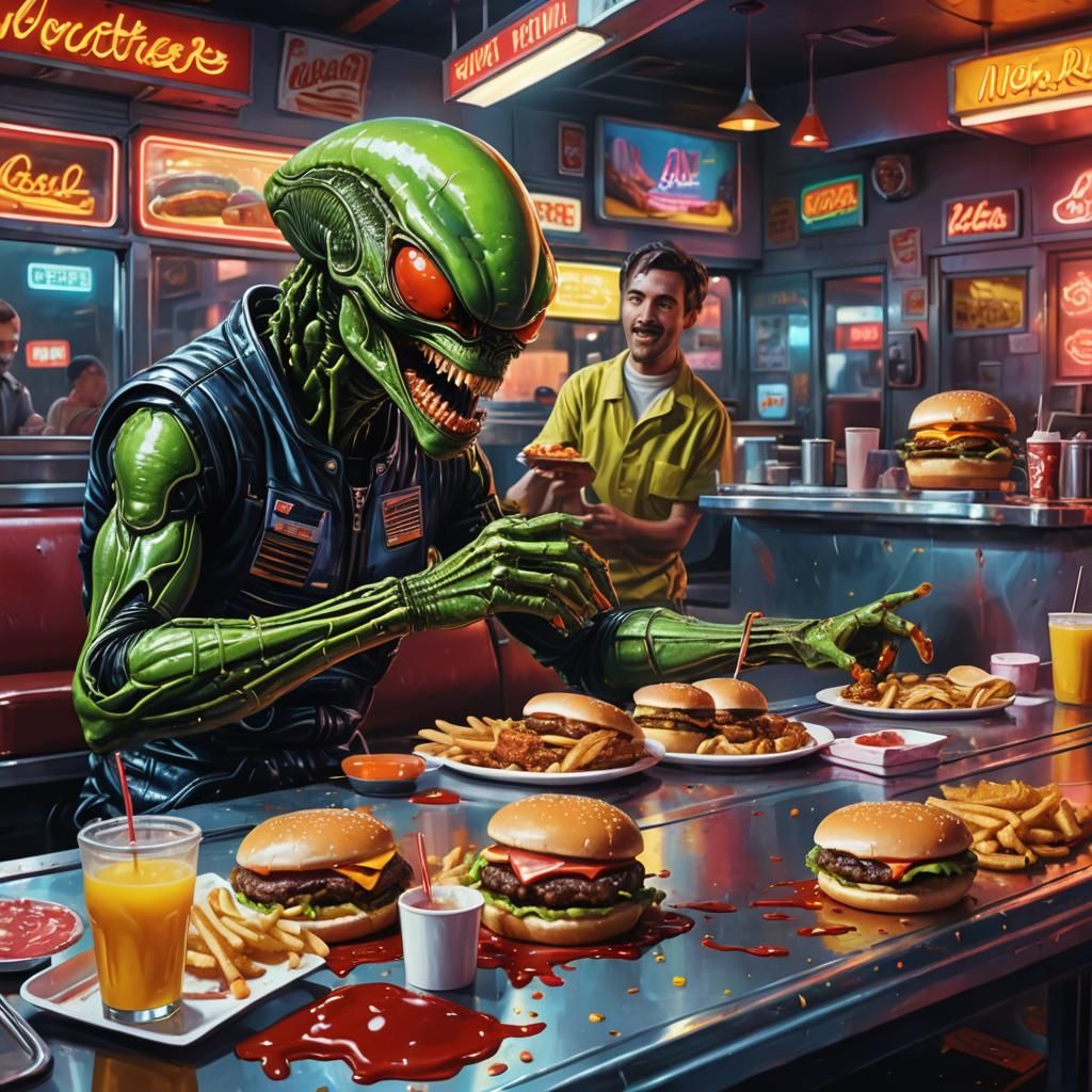 Alien Eats Burgers in Retro Diner: Pop Art