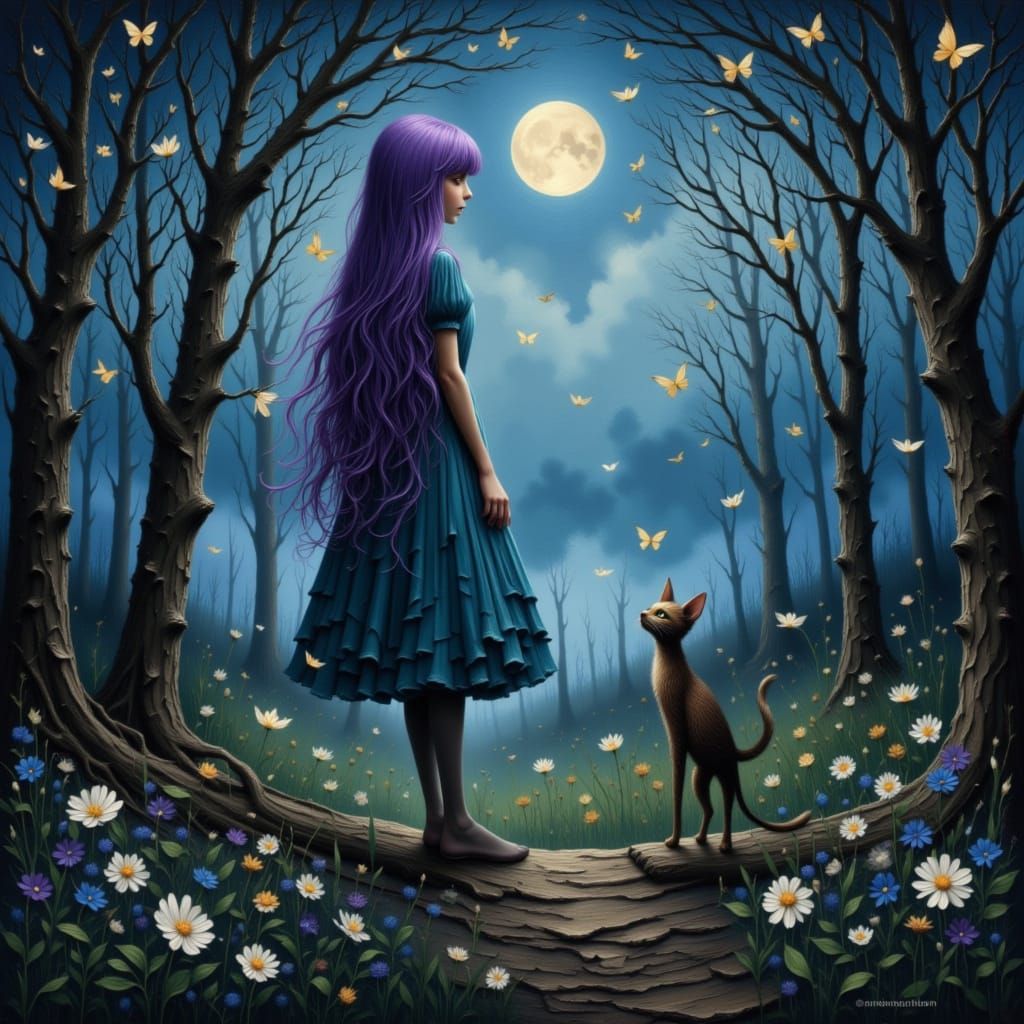 Woman and Cat Observe Butterflies in Moonlit Woodland