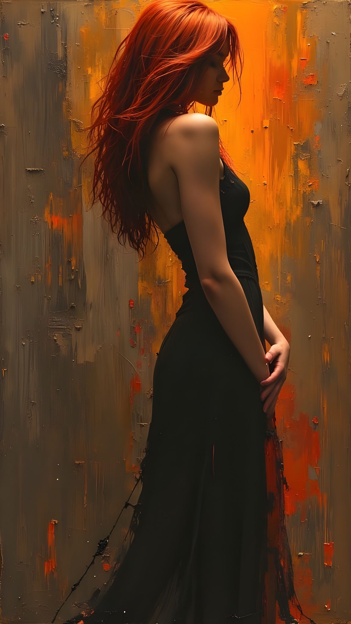 Striking Redhead Woman in Dark Oil Paint
