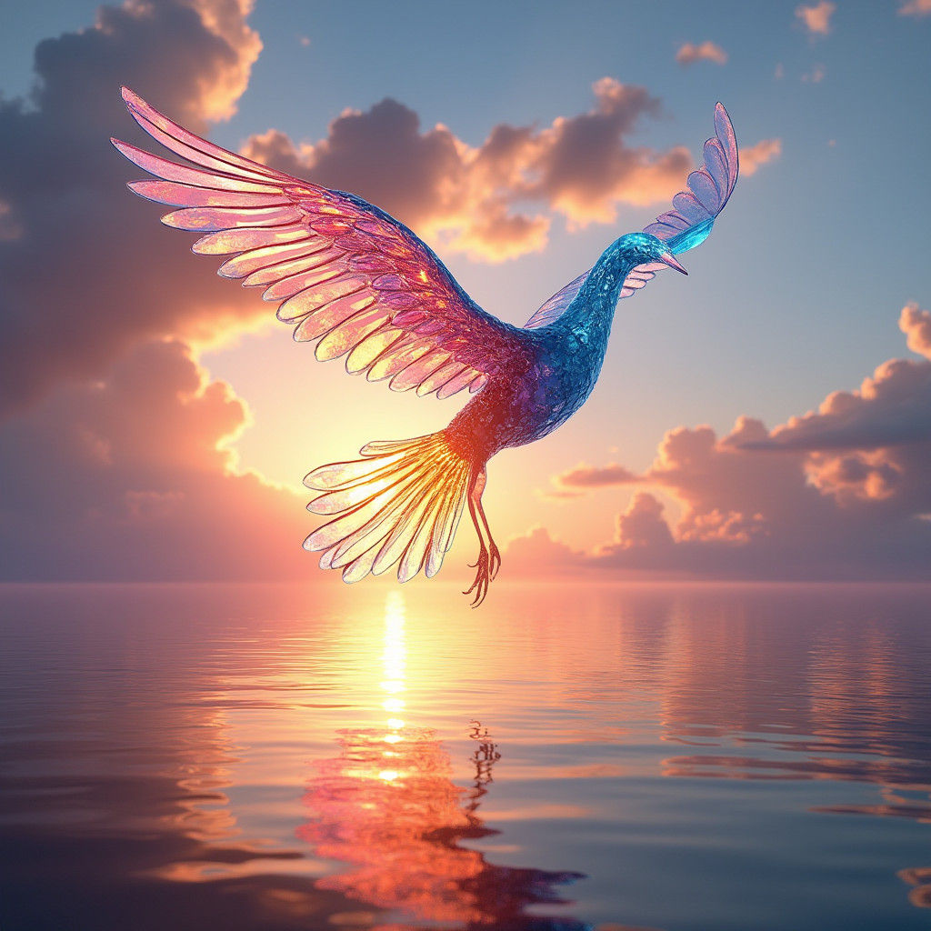 Glass Bird Soaring Towards a Sunset