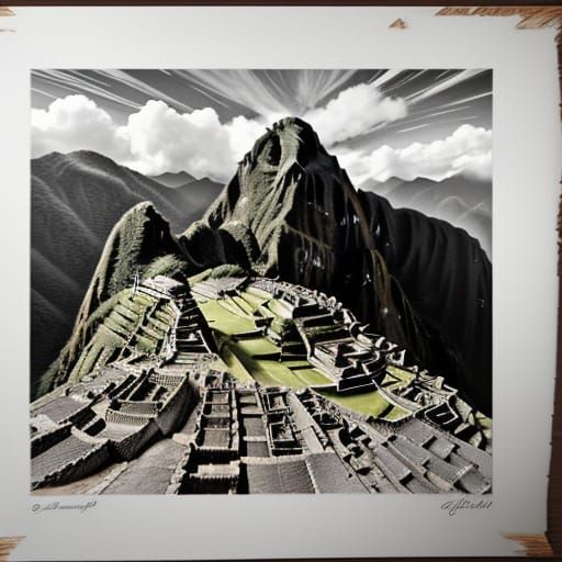 Ink drawing crosshatching Geoglyph Synchromism Machu Picchu Columbian