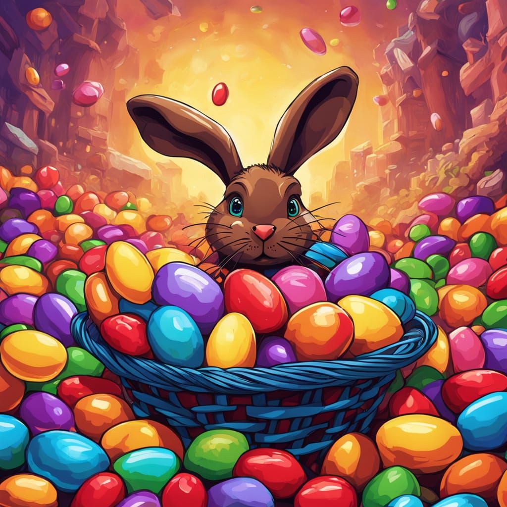 Easter Basket Overflowing with Jelly Beans and Chocolate Bun...