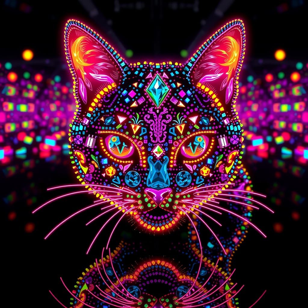 Vibrant Neon Mosaic Cat Illuminates Infinity