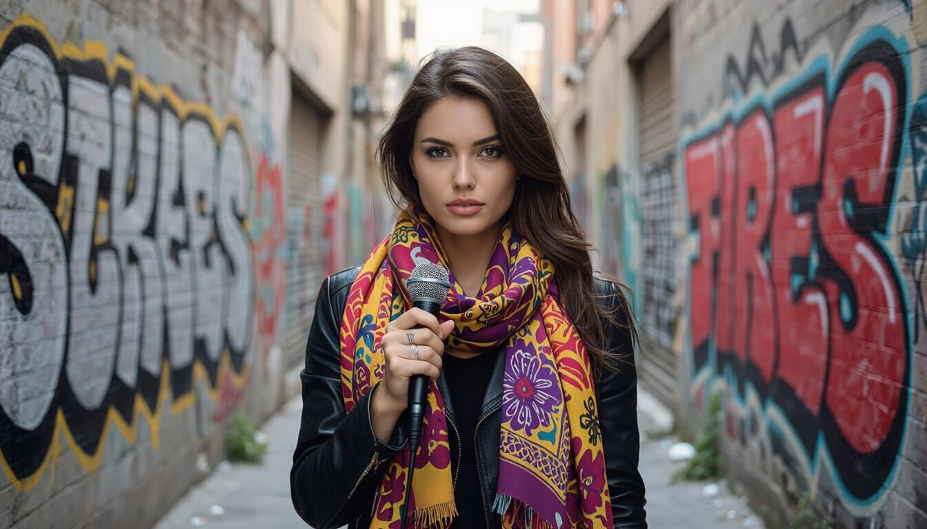 Woman with Microphone in Graffiti Alleyway