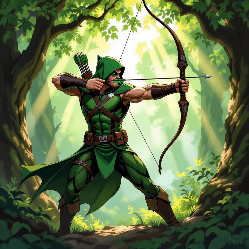 Green Arrow as Robin Hood in Sherwood Forest