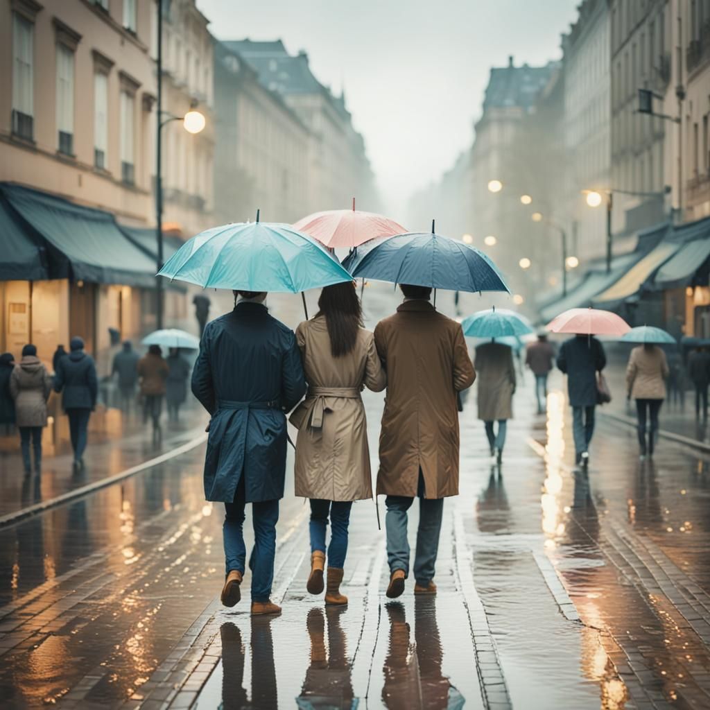 Gentle Rainy Day City Scene in Impressionist Style