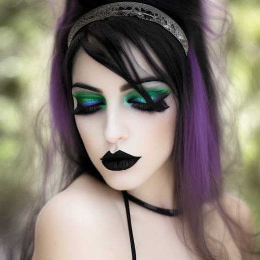 Gothic beauty queen with long black hair& green eyes& smoky black eyeshadow with purple accents very beautifully done& p...