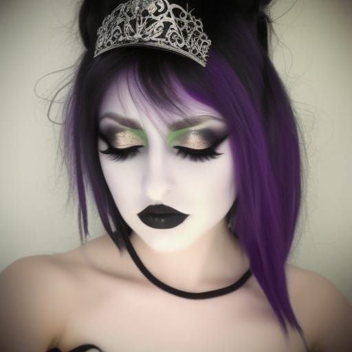 Gothic beauty queen with long black hair& green eyes& smoky black eyeshadow with purple accents very beautifully done& p...