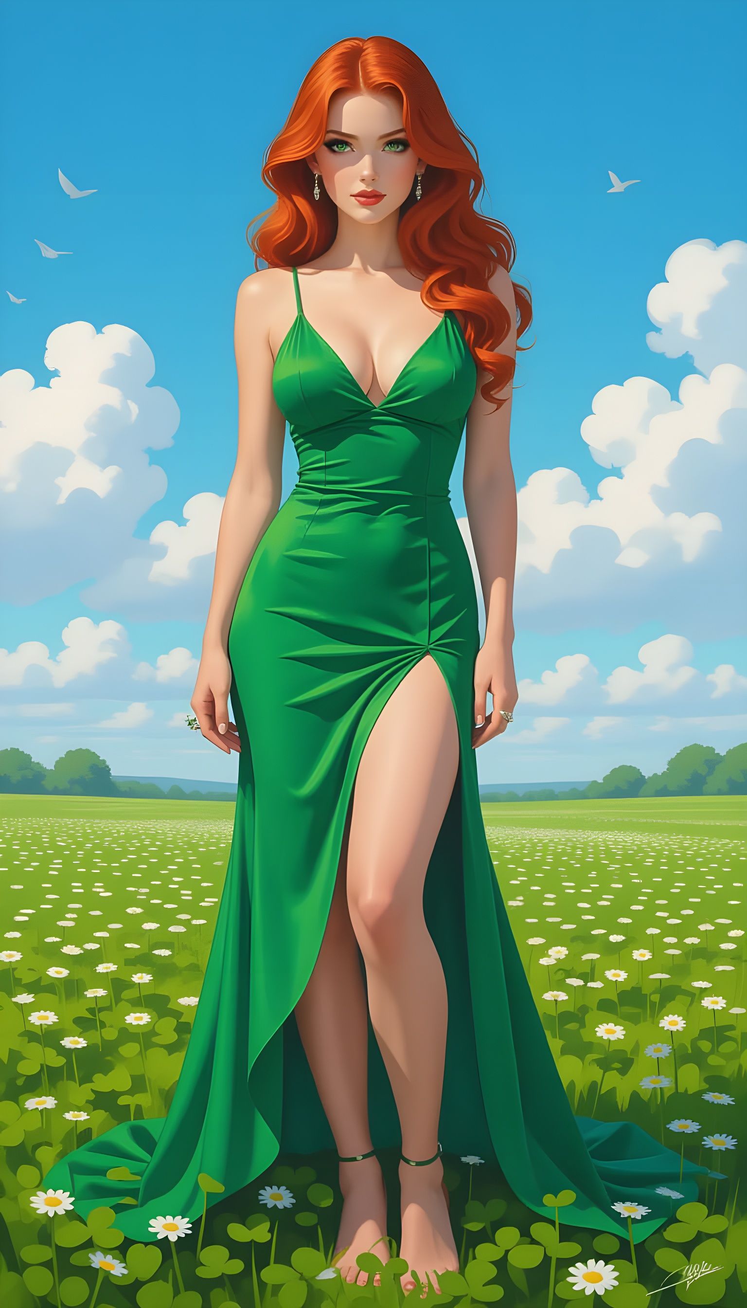 Irish Redhead in Clover Field, Pin-Up Style