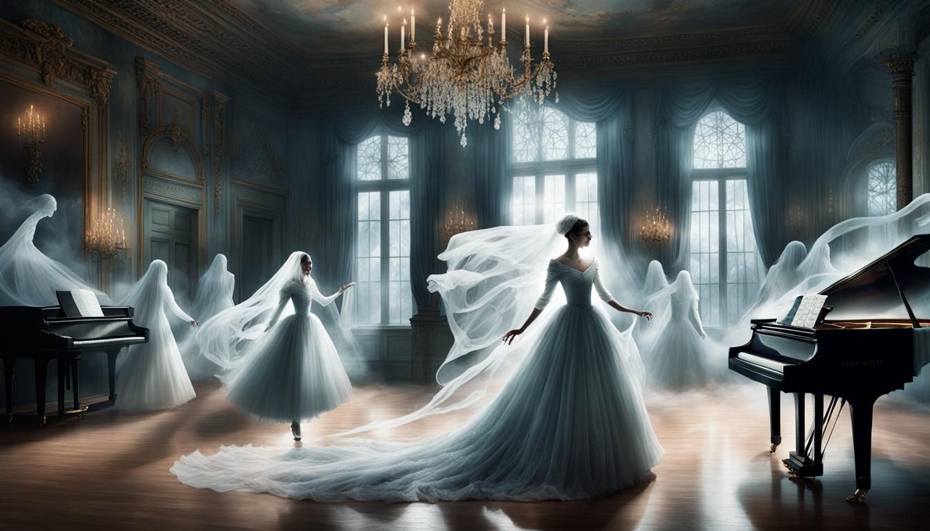 A ballroom with swirling mists and ghosts.