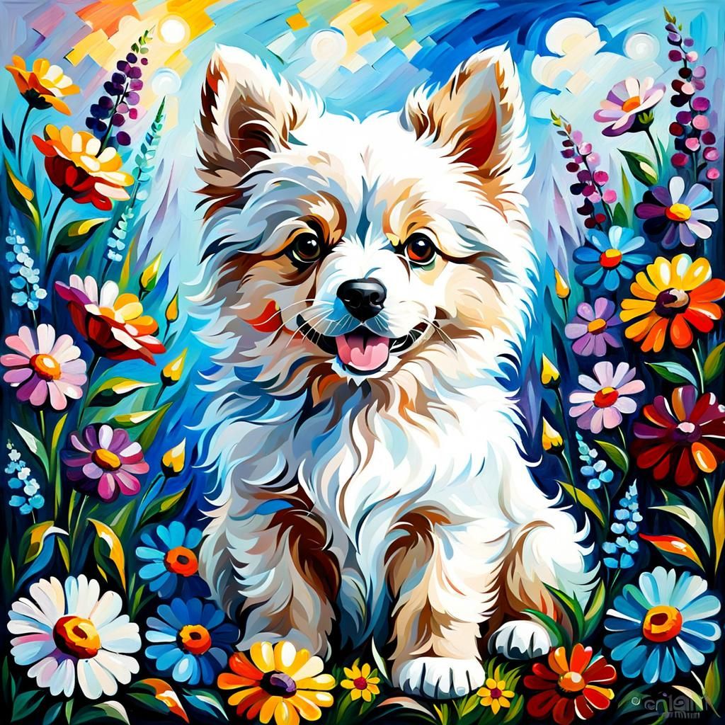 Fluffy Puppy Among Flowers in Impasto Oil Painting