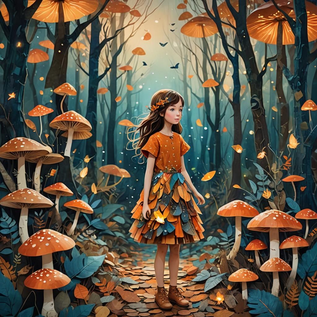 Ethereal Forest Girl in Paper Collage Art