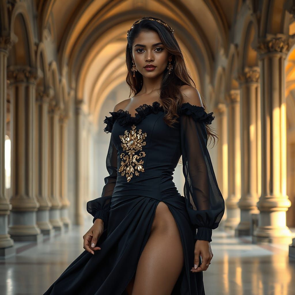 Hindu Woman in Gothic Cathedral, Black Gown