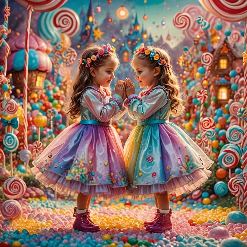 Twins Embrace in Candyland: Candy Art Style
