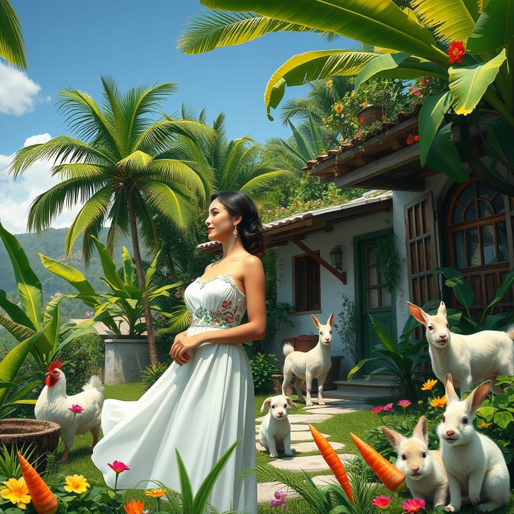 Greek Village Couple in Lush Fantasy Landscape