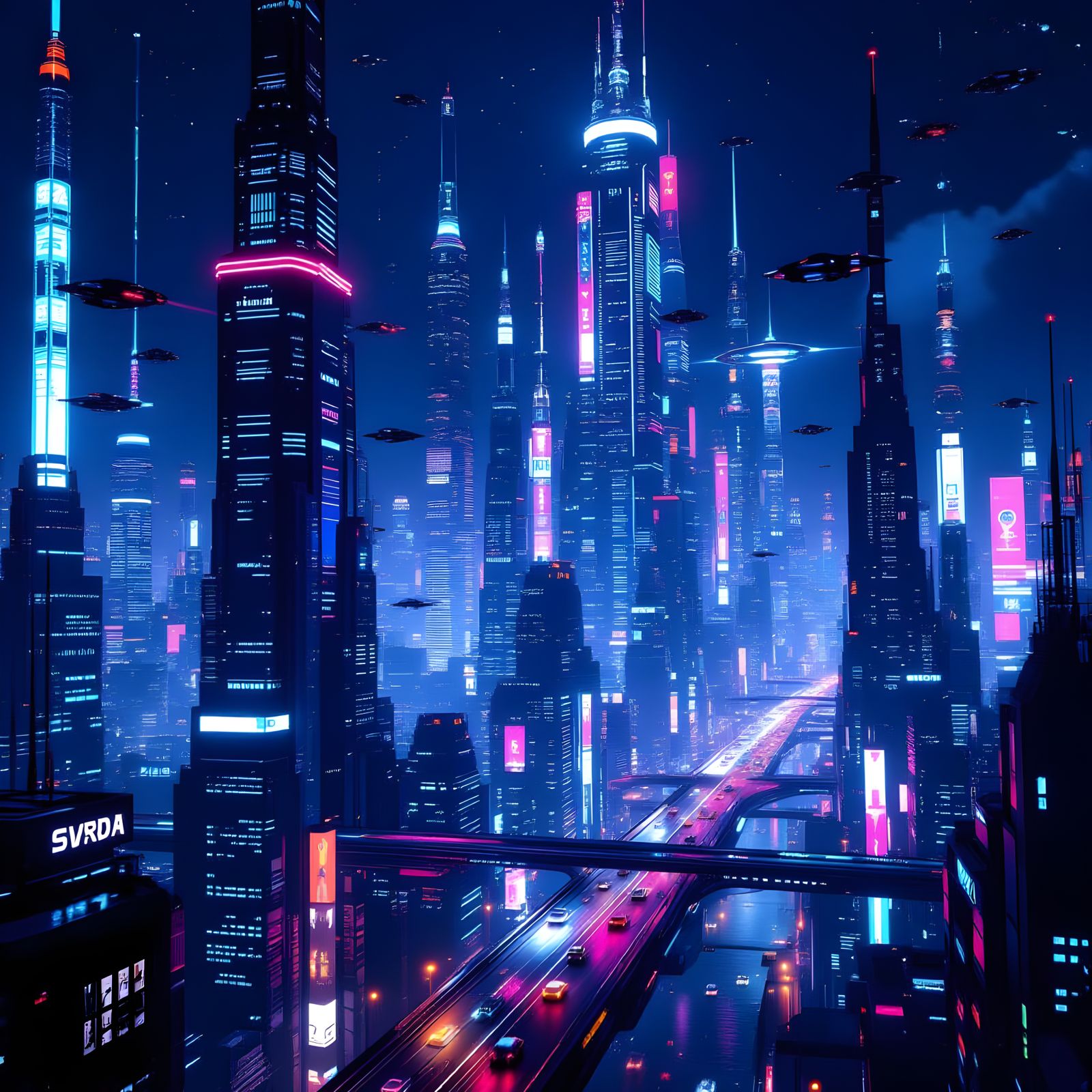 Futuristic Metropolis at Night with Flying Cars