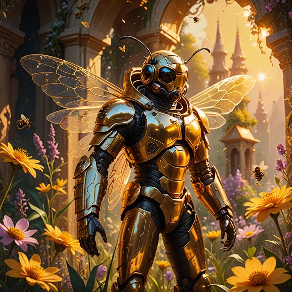 Golden Bee Hero in Vibrant Floral Temple