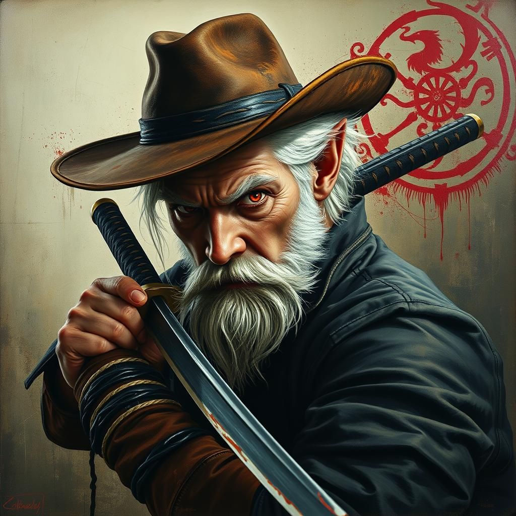 Half-Demon Warrior with Katana in Surrealist Dreamscape