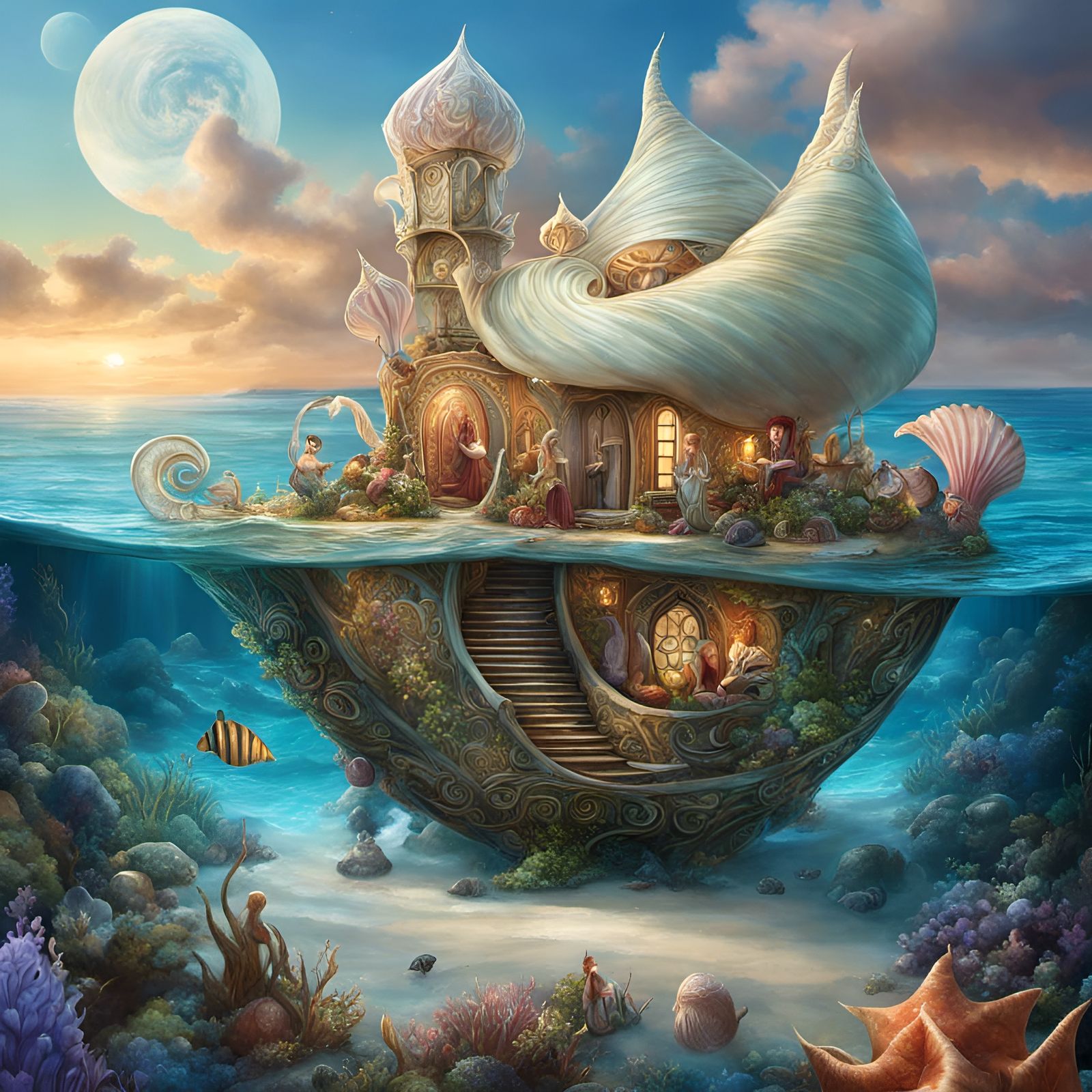 Elf House in Seashell, Detailed Fantasy Art