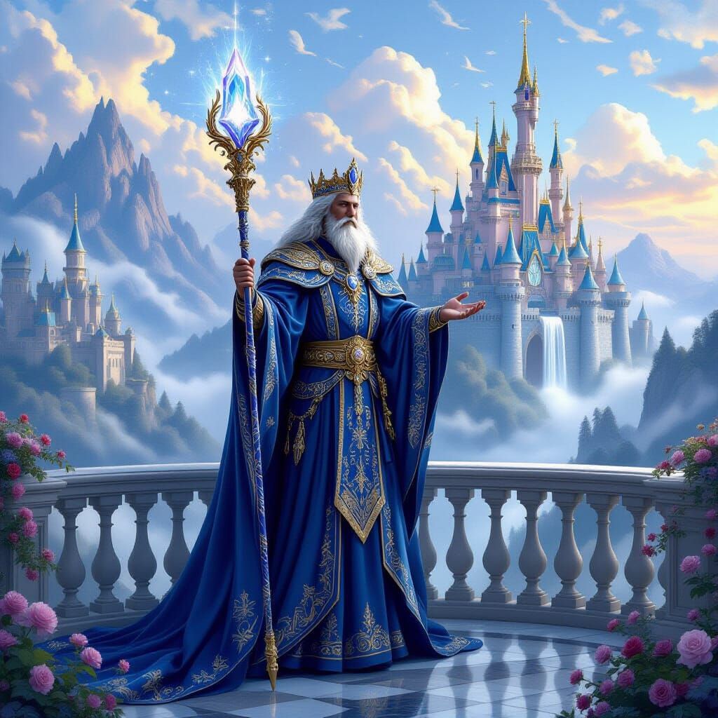 Majestic Ruler in Ethereal Fantasy Landscape