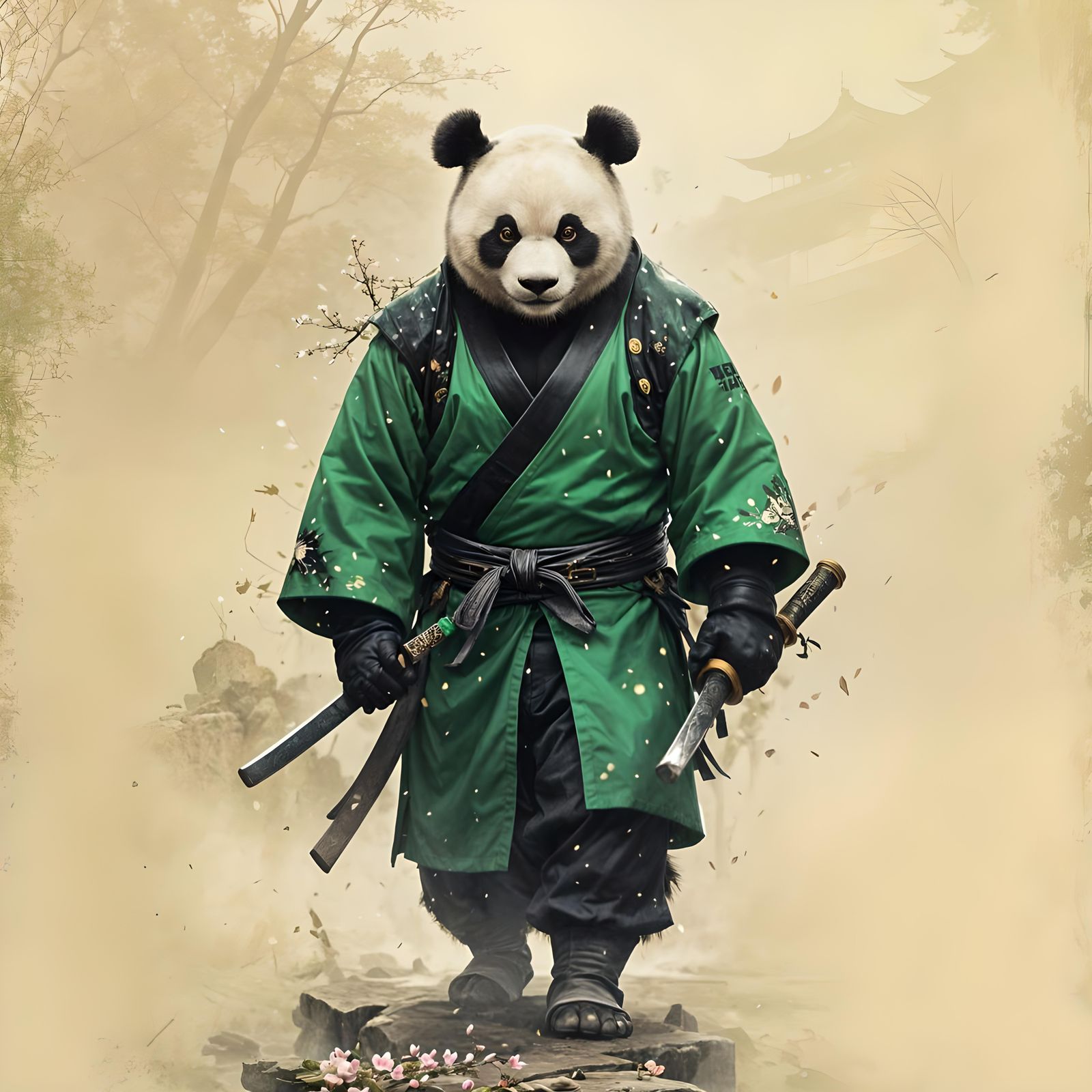 Panda Shogun Ready for Battle in Sunset