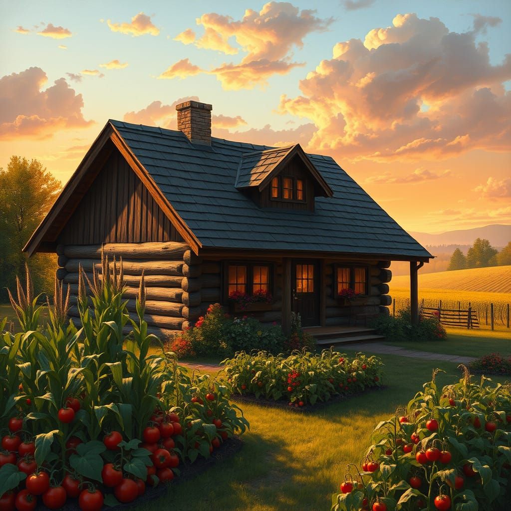 Rustic Log Cabin Amidst Vibrant Food Garden in Sunset Light