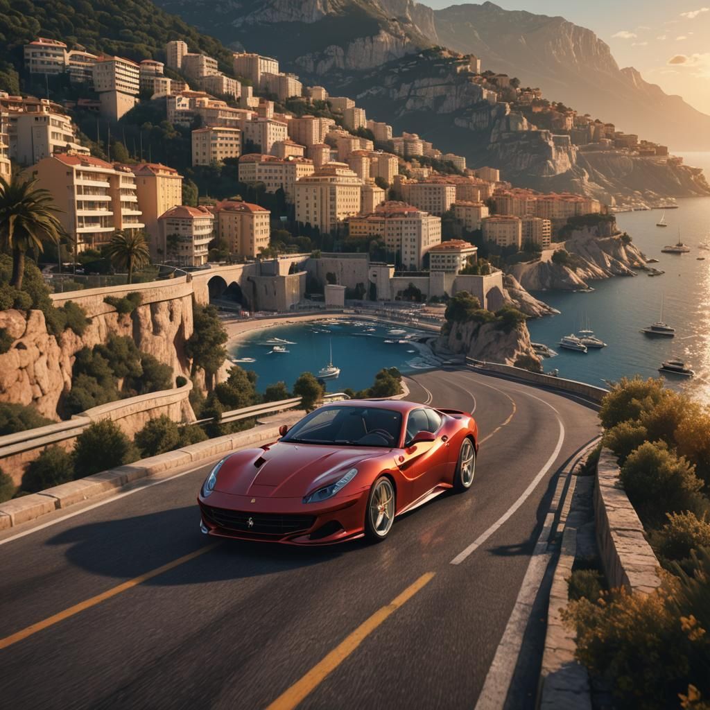 Ferrari 550 Driving into Monaco Sunrise